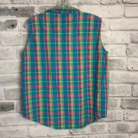 Ely Vintage Pearl Snap Plaid Sleeveless Button Down Western Shirt - Picture 5 of 8